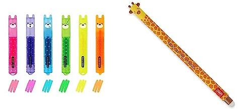 LEGAMI - Lot de 6 mini surligneurs, Teddy's Mood & Giraffe - Stylo gel effaçable, avec bille sur l'extrémité pour effacer l'encre sans abimer la feuille, encre noire thermosensible, pointe Ø 0,7 mm