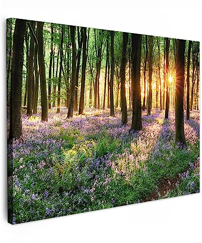 MuchoWow© Leinwand 80x60 cm Deko Schlafzimmer Aesthetic Leinwandbilder Wohnzimmer Gemälde Foto Geschenk Living Room Decoration Wandbild Wald - Natur - Blumen - Sonne - Baum - Lila