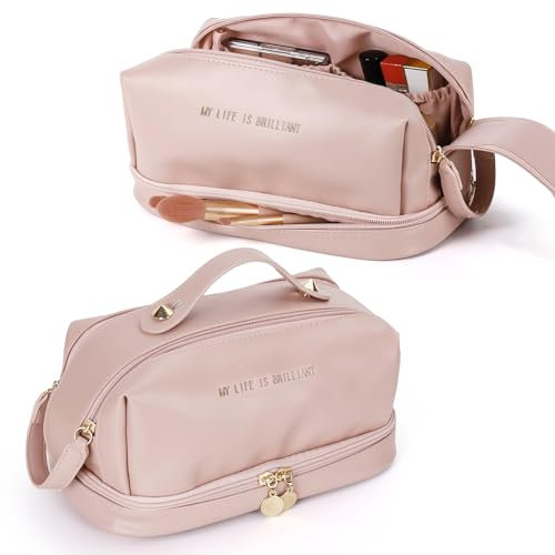 Lannvan Borsa Cosmetica a Doppio Strato, Grande Beauty Case Donna Impermeabile in PU, Beauty Case da Viaggio con Scomparti Porta Pennelli per Trucco, Borsa Porta Trucchi Zip Bidirezionale, Rosa
