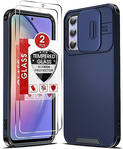 LeYi Funda para Samsung Galaxy A54 5G con 2 Piezas Vidrio Templado, Carcasa Cubierta de Cámara Deslizante Proteger Hard PC Silicona Antigolpes Bumper Case para Movil Samsung A 54 5G, Azul