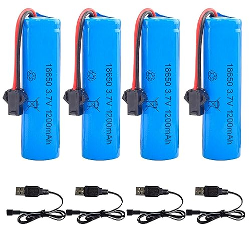 CJBIN Pilas Recargables ICR18650 3,7V 1200 mAh Batería Iones de Litio, Tener 4 Conectores SM-2P y Cargador USB, Paquete de 4, para Coches Teledirigidos, Mandos a Distancia