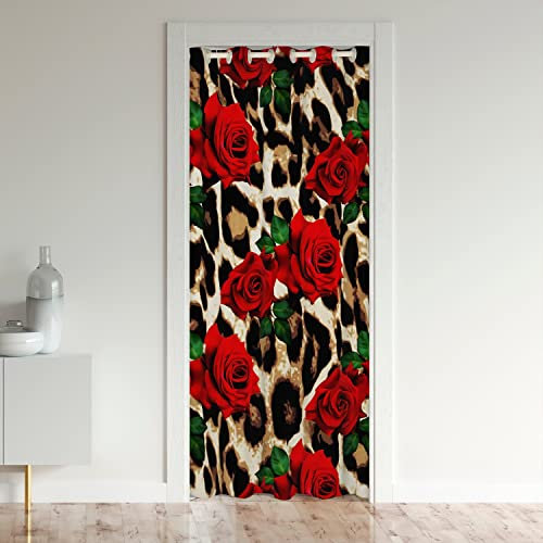 Léopard Imprimer Rideau de Porte 86x203cm Guépard Rose Fleurs Rideaux Interieur Salon Chambre pour Chambre Salon Rideaux Exterieur d'entrée Chasse Floral Floraison Rouge Rideau Occultant