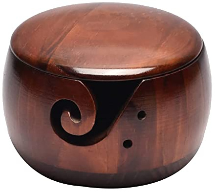 Dedjgoo Wooden Yarn Bowl,Yarn Bowls with Lid for Knitting Crochet Yarn Ball Holder Handmade Yarn Storage Bowl,Dark Wood