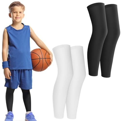 TIESOME 2 Paark Kinder Lang Kompression Beinärmel, Beinstulpen Fußball Stutzen für Kinder Komfortable Rutschfest UV Schutz Oberschenkel Wadenstütze Basketball Bein Ärmel für Fußball Sport (M)