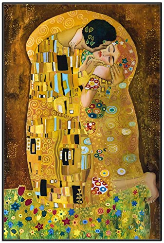 Wallario Wandbild - Der Kuss von Klimt in Premiumqualität, Poster mit schwarzem Rahmen, Größe: 61 x 91,5 cm