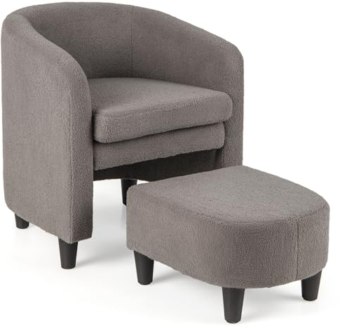 RELAX4LIFE Relaxsessel mit Hocker, Loungesessel mit Ottomane & Rückenlehne, Fernsehsessel mit Fußstütze, Ohrensessel Teddystoff, Gepolsterter Sessel für Wohnzimmer Schlafzimmer (Grau)
