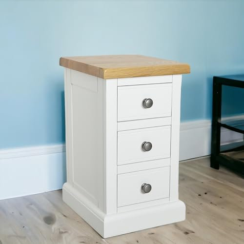 GROF GROFurniture Nachttisch lackiert weiß 3 Schubladen Nachtschrank für Schlafzimmer - Echtholz schmal Eiche Nachttisch fertig montiert Beistelltisch Schneeweiß