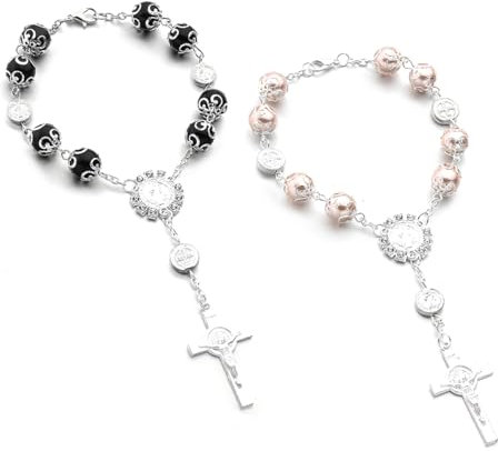 Ohleats Auto-Rosenkranz für Rückspiegel, personalisierbar, Kreuz-Segenperlen, Dekoration, katholischer Rosenkranz zum Aufhängen, für Herren, Damen, Autozubehör (schwarz + rosa)