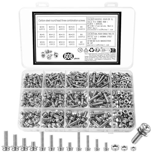 608 piezas de tornillos, tuercas y arandelas, M3 M4 M5 hexagonales, cabeza plana y cruzada, tornillos autorroscantes, kit de surtido de tuercas y arandelas para accesorios de bricolaje