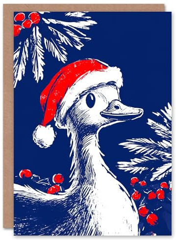 Artery8 Cute Goose With Santa Hat And Holly Blank For Him Or Her Art Xmas Festive Christmas Card