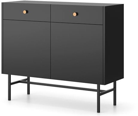 Selsey Kommode Aufbewahrungsschrank 2 Türen 2 Schubladen 104 cm Schrank Schubladenschrank Schwarze Metallbeine Pulverbeschichtet Schwarz Divenos