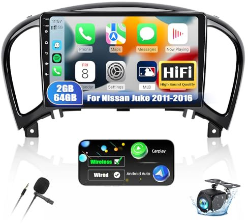 2G+64G CAMECHO Android 13 Carplay Autorradio para Nissan Juke 2011-2016 con Carplay Android Auto, Pantalla de 9 Pulgadas 2Din con Bluetooth HiFi GPS WiFi WiFi FM/RDS SWC Cámara de visión Trasera&Mic