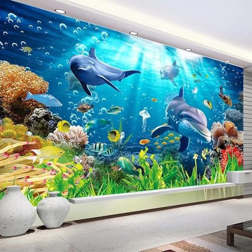 HBYUEHAN Underwater World Dolphin Colorful sea Fish Children's Room 3D Wallpaper, Living Room Bedroom Modern Wall Art Poster