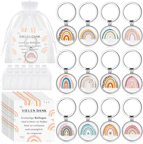 Kasyat 12 Sets Dankeschön Geschenke für Kollegen 12 Kollegen Schlüsselanhänger mit Regenbogen 12 Danke Karten 12 Organzasäckchen Abschiedsgeschenke Inspirierende Geschenke für Mitarbeiter Jobwechsel