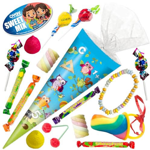OYOY 22cm Schultüte gefüllt mit Süßigkeiten Mix I Schultüte Eule I Einschulung Geschenk I Schultüte fertig gefüllt I Schultüte klein