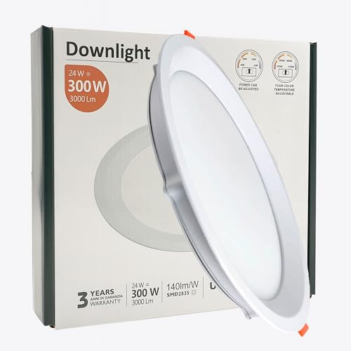 FactorLED - Faretto LED da incasso a soffitto, rotondo, 225 mm, 24 W (300 W), 3000 lm, pannello rotondo da incasso, URG17, potenza regolabile, luce selezionabile 3000K-4000K-5700K (CCT) (1, Ø225 mm)