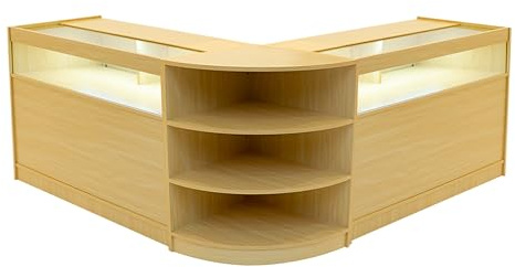 Maple Shop Counter Set Theseus LED Light B1200 LM60 120cm 60cm W Lockable Sliding Doors Keys 3 Retail Storage Units Glass Display Showcase Cabinet Corner Clothing Jewellery Store Shelves Lighting