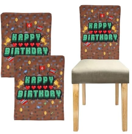 SAVITA 2 Stück Happy Birthday Stuhlhussen, 42 x 50 cm Große Esszimmerstuhlhussen mit Pixel-Prints für Geburtstagsparty Dekorationen mit Pixel Cartoon Motiven