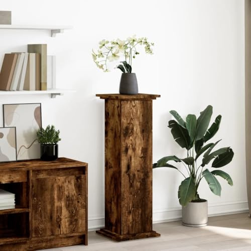 HaoChrymec Postament mit Stauraum aus Holzwerkstoff in Räuchereiche, 3 Fächer, Pflanzenständer für Balkon Deko, Blumenregal Outdoor, 31 x 30 x 90 cm