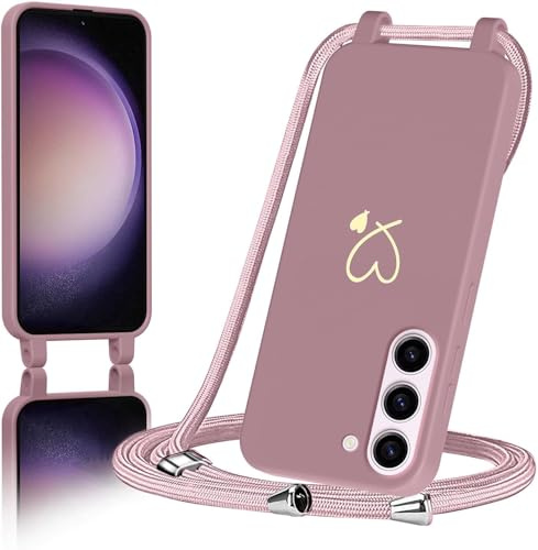 AoozeFon für Samsung Galaxy S23 5G Hülle mit Band, Handyhülle Samsung S23 5Gmit Kordel zum Herz, Schutzhülle Handyband mit Umhängen Abnehmbare Weich TPU Liquid Silikon Bumper, Rosa