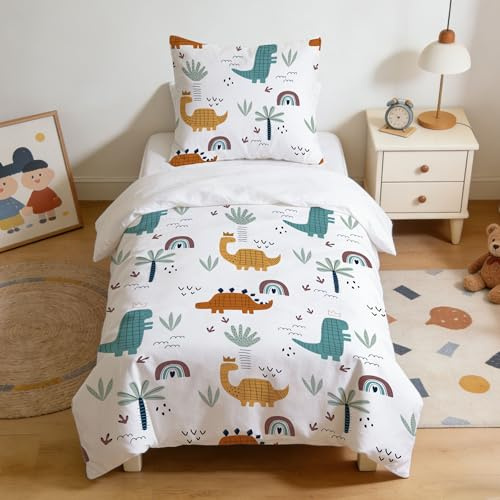 DJDEA Dino Bettwäsche Kinder 135x200 Junge Weich Mikrofaser, Dinosaurier Motiv Kinderbettwäsche mit Reißverschluss, Bettbezug und 1 Kissenbezug 80X80cm Geschenk für Junge