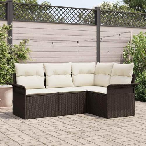 QUAHEAS Gartensofa-Set mit Kissen, 4-teilig, Braun Poly-Rattan, Modular, Höhenverstellbarer Tisch, UV-beständig, Wetterfest für Terrasse & Garten
