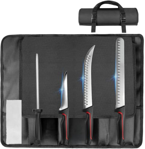 MOSFiATA Set de Cuchillos Carnicero con Chaira y Bolsa | Acero Inoxidable, Mango Antideslizante, Bolsa Oxford Impermeable, 3 Cuchillos Incluidos, Uso Profesional y Hogar