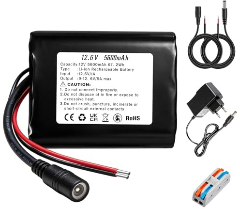 12 V 5600 mAh lithium-ion battery, rechargeable battery with charger and connection cable for radio, cameras, camcorders, DIY reading lamp, telescope, sonar and electronic devices
