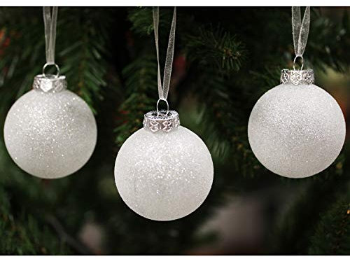 Weiße Kugeln für Weihnachtsdekorationen im Bauernhaus-Stil – bruchsicherer Kunststoff 60 mm Glitzer-Schneebälle und 80 mm Schneeflocken, Ornament-Set mit 30 Stück