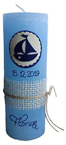 Taufkerzen 167628.07 Jungen Rustic Blau mit Teelichteinsatz, Boot sowie Bordüre und Schleife, 190 x 68 mm, mit Namensverzierung und Schutzkarton