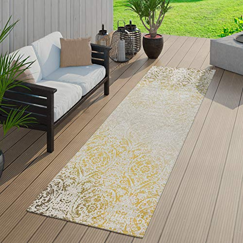 TT Home Moderner Outdoor Teppich Wetterfest Innen & Außenbereich Barock Design In Gelb, Größe:80x150 cm
