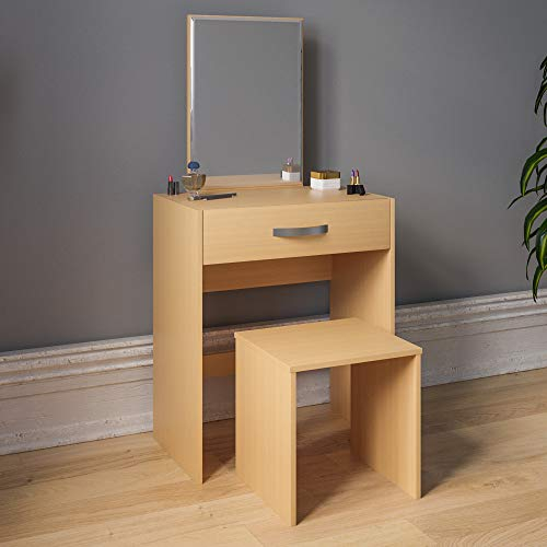 Vida Designs Dressing Table Isla 1 Drawer Mirror & Stool Bedroom Set Makeup Vanity Cosmetics Storage Desk Dresser Furniture Pine