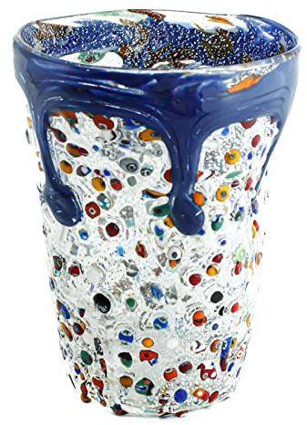 Murano Glass Drinking Glass Tumbler Blue Multi Green Yellow Silver Hand Made Millefiori (Blue)
