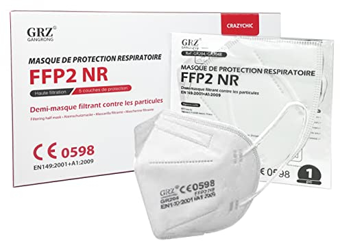 CRAZYCHIC - 50x Masque FFP2 NR Certifié Norme CE EN149 - Masque de Protection Respiratoire - Haute Filtration 5 Couches - Stock France Livraison Rapide - Boîte 50 pièces Blanc