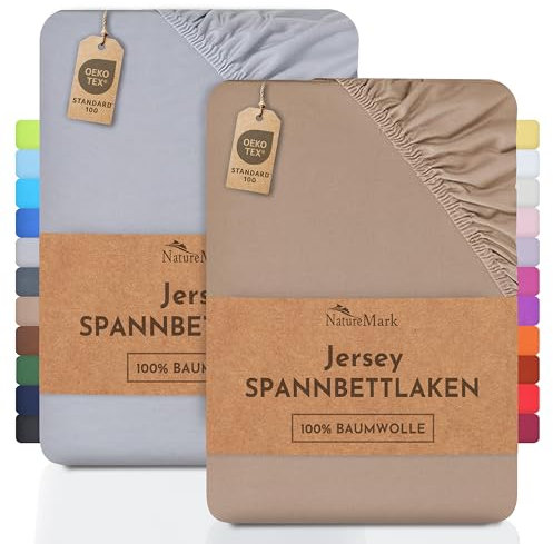 NatureMark 2er Pack Jersey Spannbettlaken, Spannbetttuch 100% Baumwolle in vielen Größen und Farben MARKENQUALITÄT ÖKOTEX Standard 100 | 180 x 200 cm - 200 x 200 cm - Sand/Silber
