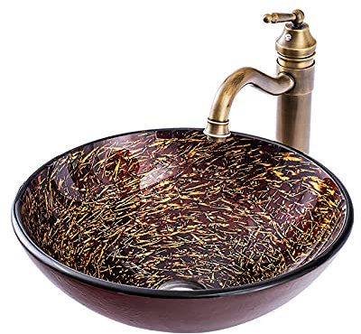 SHUGUANG Gehärtetes Glas Waschbecken, Rund Aufsatzwaschbecken, Glas Aufsatz Waschschale Braun Waschschale Waschtisch Set mit Antike Wasserhahn, Montagering, Ablaufwasser Set, 420×420×145mm