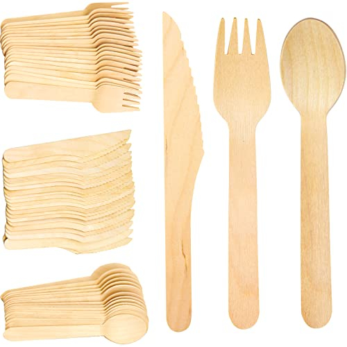 Nerissa 300 Pcs Wooden Cutlery Set Disposable Bamboo Eco Friendly 100 Percent All-Natural Birchwood Biodegradable for Picnic Party Celebrations - Forks, Knives, Spoons