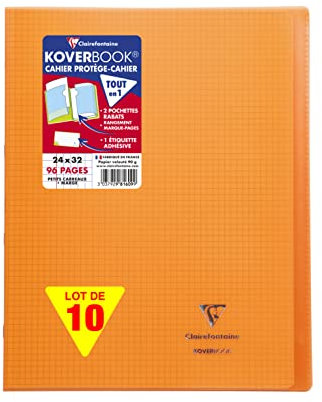 Clairefontaine 981609C Un Lot de 10 Cahiers Agrafés Koverbook Oranges - 24x32 cm - 96 Pages Petits Carreaux avec Marge - Papier Blanc 90 g - Couverture Polypro