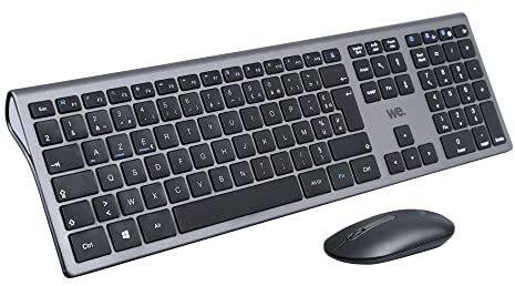 WE Bundle Clavier Souris sans Fil Connexion BT et 2.4Ghz Aspect Alu, Connexion Multi Dispositif (jusqu'à 3 appareils), 12 Touches multimédia, Piles Inclus