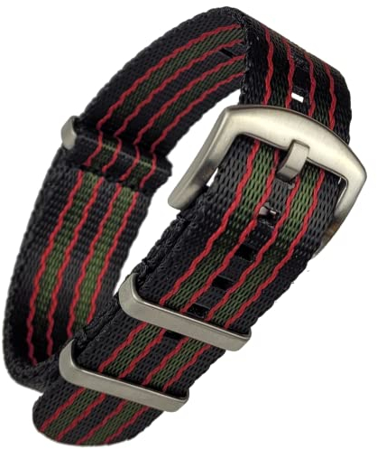20mm Seatbelt Weave NATO Strap | Premium Vintage Goldfinger Bond Style | Black Red and Green Stripe | Brushed Steel Buckle and Loops (20 mm, Goldfinger Style)