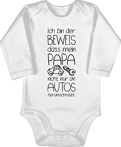 Baby Body langarm Mädchen Junge - Sprüche - Ich bin der Beweis dass mein Papa nicht nur an Autos herumschraubt - 3/6 Monate - Weiß - babygeschenke spruch das bodys babygeschenk spruche schraubt