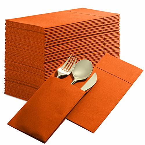 Einweg-Servietten mit Leinen-Haptik, mit integrierter Bestecktasche, orange, vorgefaltet, stoffähnliche Papierservietten für Abendessen, Hochzeit oder Party, Besteck nicht im Lieferumfang enthalten,