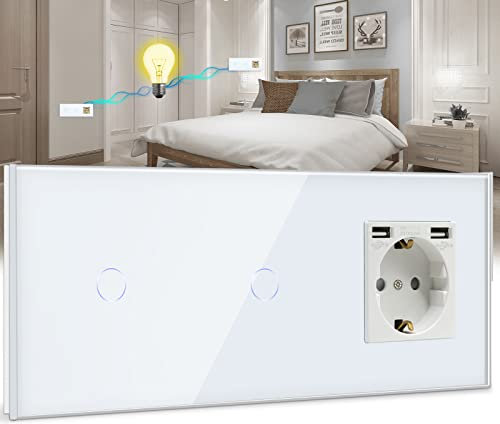 BSEED Touch Lichtschalter mit USB Steckdose Anschluss (Max. 2.1A) Doppel 1 Fach 2 Wege Wandschalter mit Steckdose Unterputz Touchscreen-schalter mit Glasrahmen 228mm Weiß