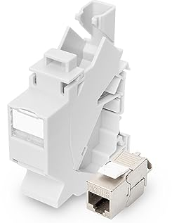DIGITUS Set: Hutschienen-Adapter – 1 Stück – Mit 1x Cat6A Keystone-Modul – 45° Gewinkelt – Beschriftungsfeld – Staubschutzklappe