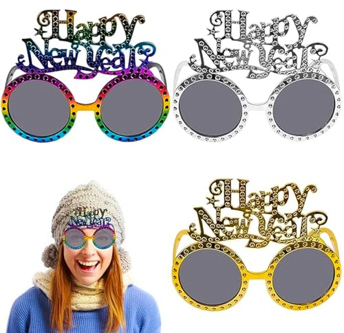 3 Stück Silvester Brille 2025, Partybrille, Neujahr Sonnenbrille, Lustige Brillen, Silvester Deko, Happy New Year Brillen, Silvester Foto Requisiten 2025, Silvester Partybrille für Silvester Geschenk