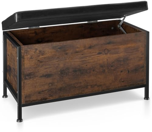 tectake® Wooden Storage Bench with Upholstered Seat, 81.5 x 41.5 x 50.5 cm, Storage Chest with Safety Hinge & Steel Frame, Ideal Shoe Bench & Ottoman for Living Room, Bedroom, Hallway - Dark Wood