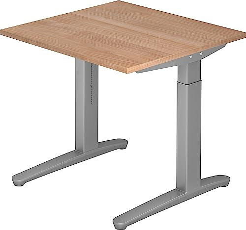 bümö manuell höhenverstellbarer Schreibtisch 80x80 in Nussbaum, Gestell in Silber - PC Tisch höhenverstellbar & klein, höhenverstellbarer Tisch Büro, Kleiner Computertisch verstellbar