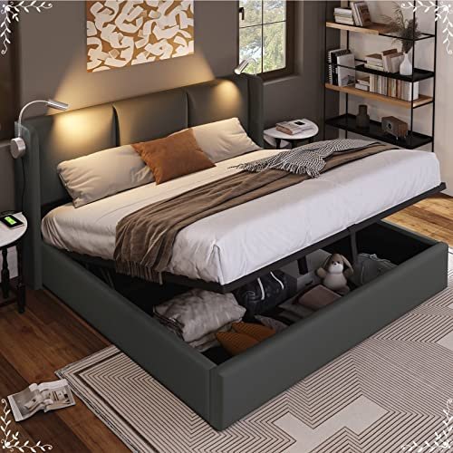 Whoiy Stauraumbett mit Led, Twin Bed 140X200cm Beige Massivholz-Lederbett Hydraulisches Stauraumbett mit Leselicht und Kopfteil mit USB-Ladefunktion