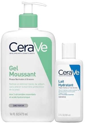 CeraVe Schäumendes Reinigungsgel und Feuchtigkeitslotion, Mit Hyaluronsäure, Für Gesicht und Körper, Ohne Duftstoffe, Auch bei Neurodermitis und Allergien, 473 ml + 88 ml