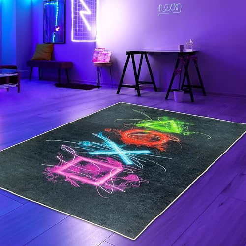 Teppich-Traum Gaming Teenager Teppich Zimmer auffällig Bunte neonfarbige Symbolen schwarzer Hintergrund, 100 x 150 cm